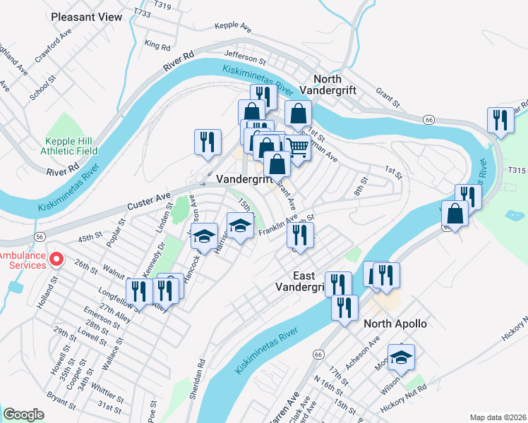 map of restaurants, bars, coffee shops, grocery stores, and more near 197 Washington Avenue in Vandergrift