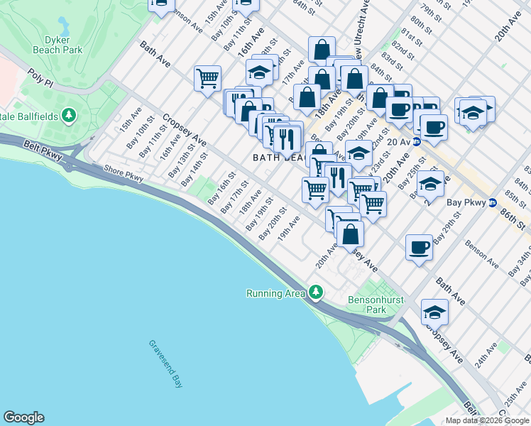 map of restaurants, bars, coffee shops, grocery stores, and more near 232 Bay 19th Street in Brooklyn