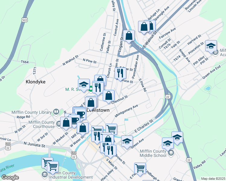 map of restaurants, bars, coffee shops, grocery stores, and more near 50 Logan Street in Lewistown