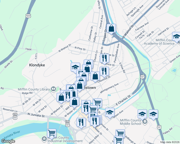 map of restaurants, bars, coffee shops, grocery stores, and more near 146 Valley Street in Lewistown