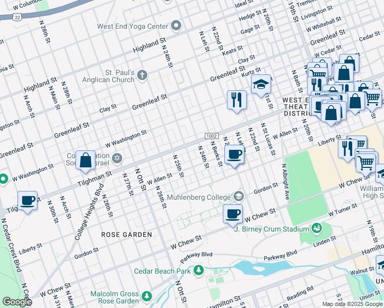 map of restaurants, bars, coffee shops, grocery stores, and more near 623 North Muhlenberg Street in Allentown