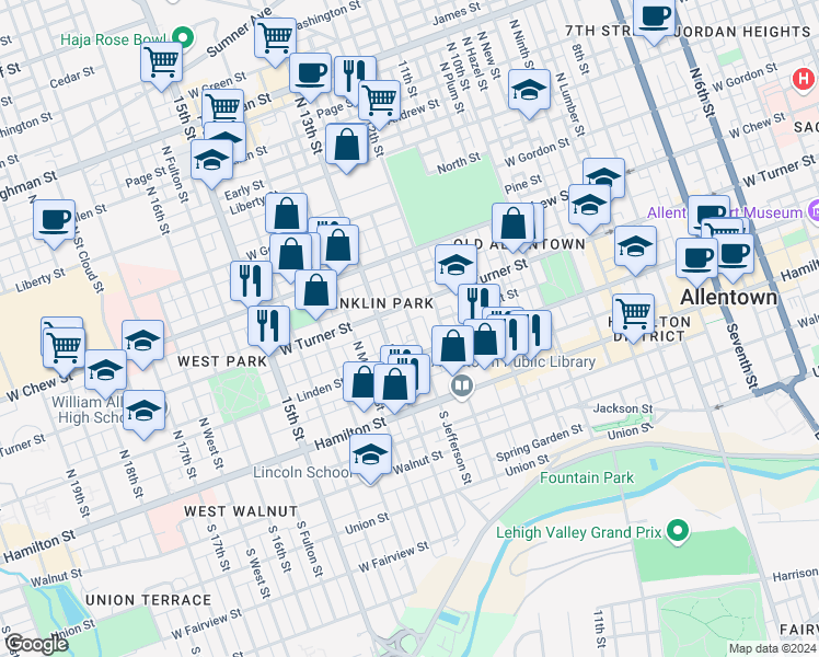 map of restaurants, bars, coffee shops, grocery stores, and more near 126 North Jefferson Street in Allentown