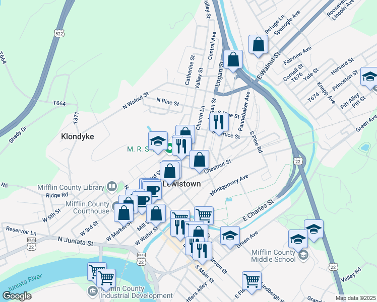 map of restaurants, bars, coffee shops, grocery stores, and more near 114 Valley Street in Lewistown