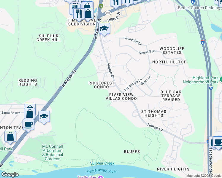 map of restaurants, bars, coffee shops, grocery stores, and more near 409 Ridgecrest Trail in Redding
