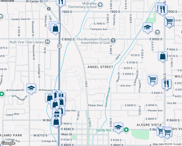 map of restaurants, bars, coffee shops, grocery stores, and more near 8257 South 180 East in Sandy