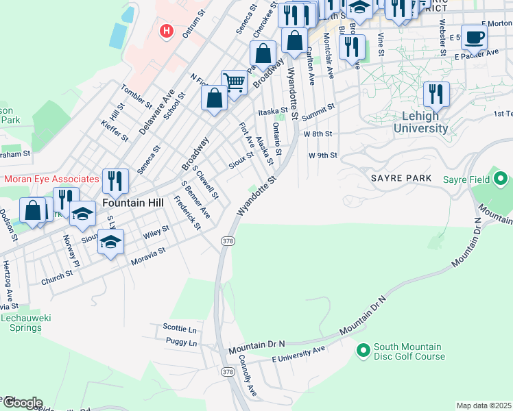 map of restaurants, bars, coffee shops, grocery stores, and more near 965 Wyandotte Street in Bethlehem