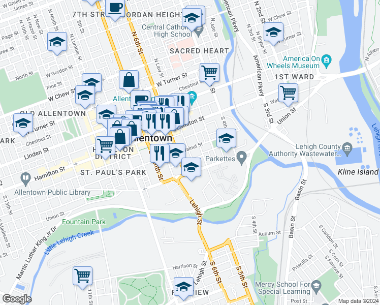map of restaurants, bars, coffee shops, grocery stores, and more near 524 Walnut Street in Allentown