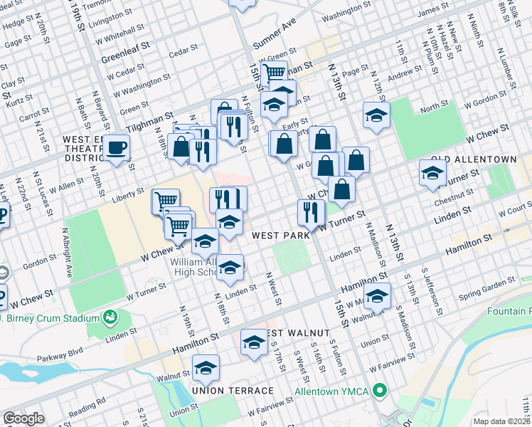 map of restaurants, bars, coffee shops, grocery stores, and more near 300 N 16th St in Allentown