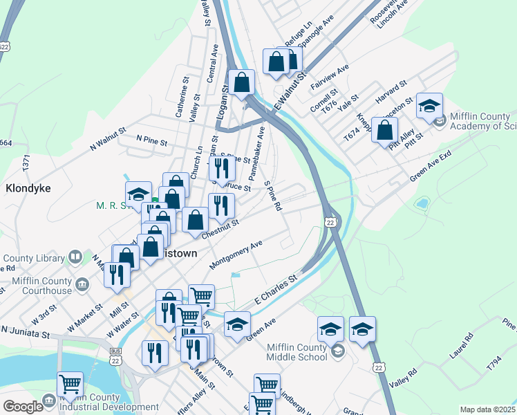 map of restaurants, bars, coffee shops, grocery stores, and more near 117 Chestnut Street in Lewistown