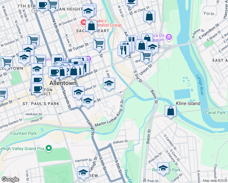 map of restaurants, bars, coffee shops, grocery stores, and more near 136 South 4th Street in Allentown