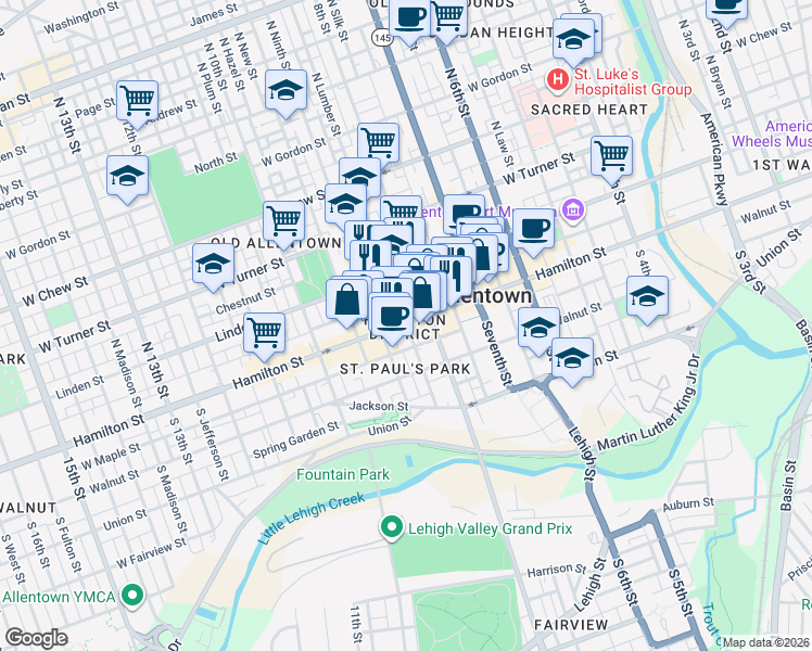 map of restaurants, bars, coffee shops, grocery stores, and more near 4 South Lumber Street in Allentown