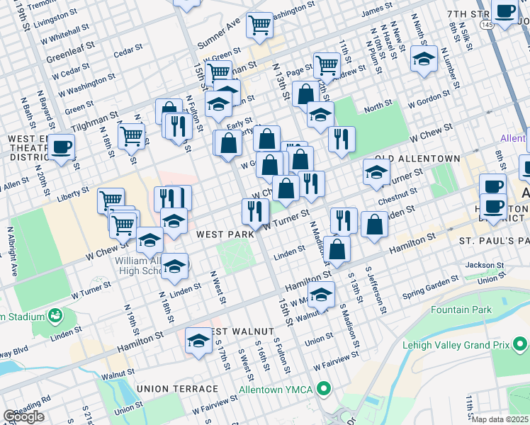 map of restaurants, bars, coffee shops, grocery stores, and more near 220 North Franklin Street in Allentown