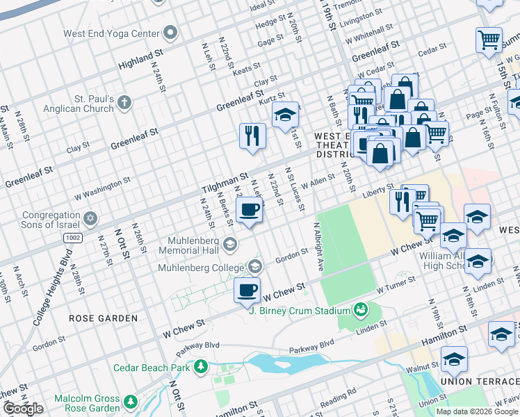 map of restaurants, bars, coffee shops, grocery stores, and more near 2228-2236 West Allen Street in Allentown