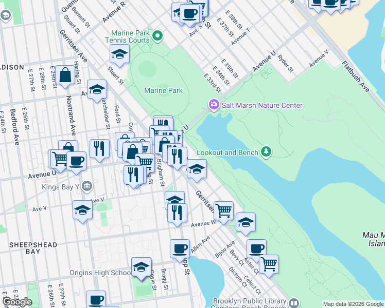 map of restaurants, bars, coffee shops, grocery stores, and more near 2260 Burnett Street in Brooklyn