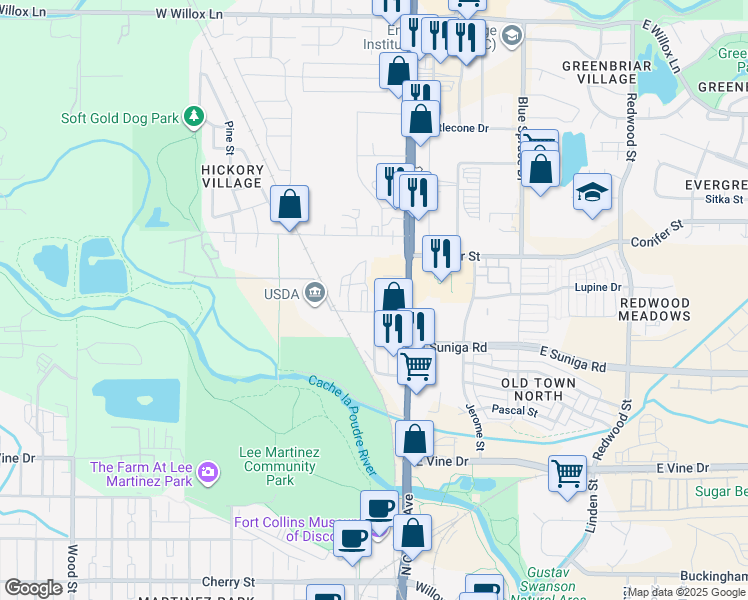 map of restaurants, bars, coffee shops, grocery stores, and more near 126 Hemlock Street in Fort Collins