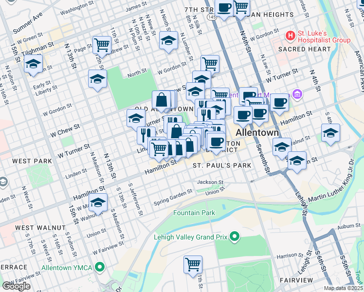 map of restaurants, bars, coffee shops, grocery stores, and more near in Allentown