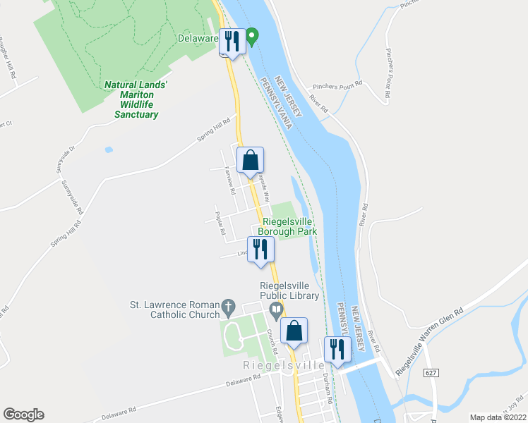 map of restaurants, bars, coffee shops, grocery stores, and more near 406 Easton Road in Riegelsville