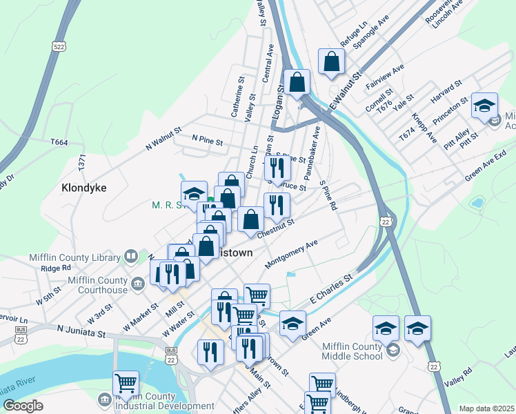 map of restaurants, bars, coffee shops, grocery stores, and more near 50 Logan Street in Lewistown