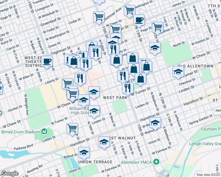 map of restaurants, bars, coffee shops, grocery stores, and more near 1562 West Chew Street in Allentown