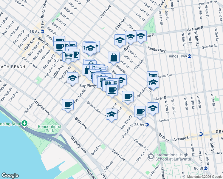 map of restaurants, bars, coffee shops, grocery stores, and more near 2264 85th Street in Brooklyn