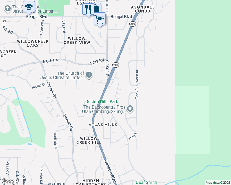 map of restaurants, bars, coffee shops, grocery stores, and more near 8208 Wasatch Grove Lane in Cottonwood Heights