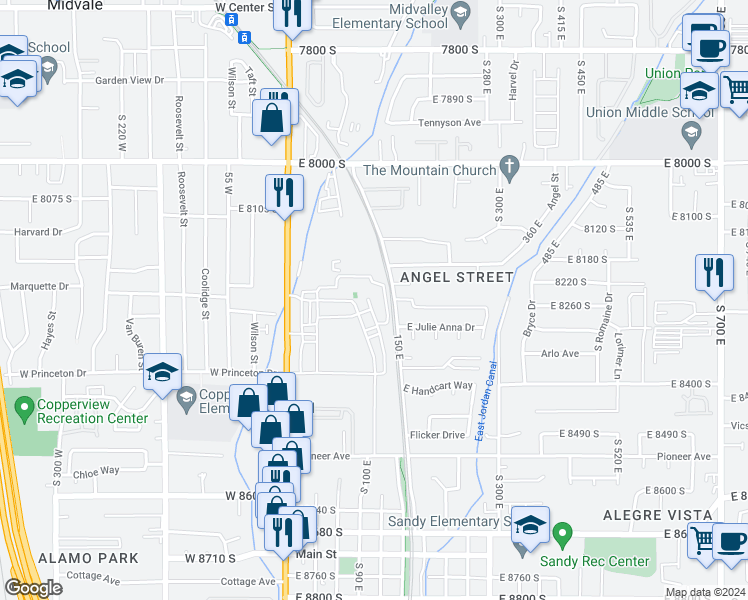 map of restaurants, bars, coffee shops, grocery stores, and more near 126 East Resaca Drive in Sandy