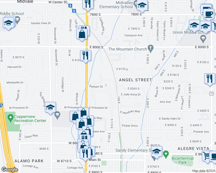 map of restaurants, bars, coffee shops, grocery stores, and more near 104 East Resaca Drive in Sandy