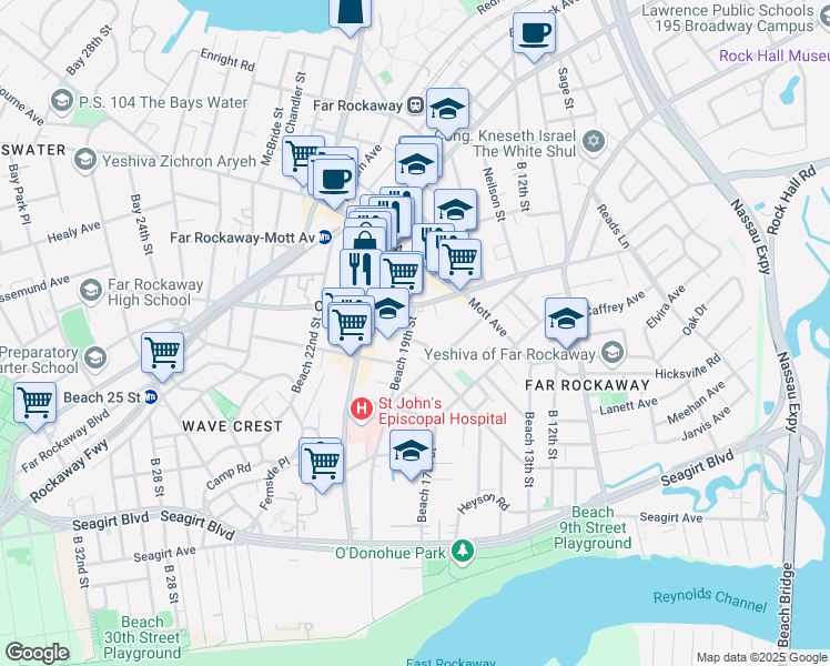 map of restaurants, bars, coffee shops, grocery stores, and more near 1909 Cornaga Avenue in Queens