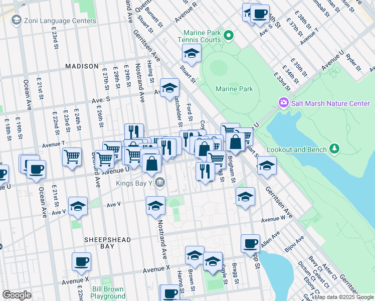 map of restaurants, bars, coffee shops, grocery stores, and more near 2040 Batchelder Street in Brooklyn