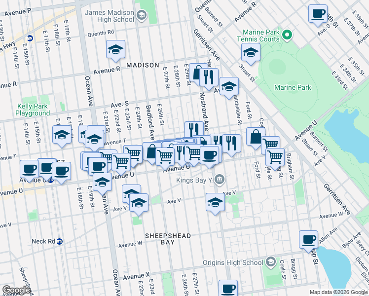 map of restaurants, bars, coffee shops, grocery stores, and more near 2017 East 28th Street in Brooklyn