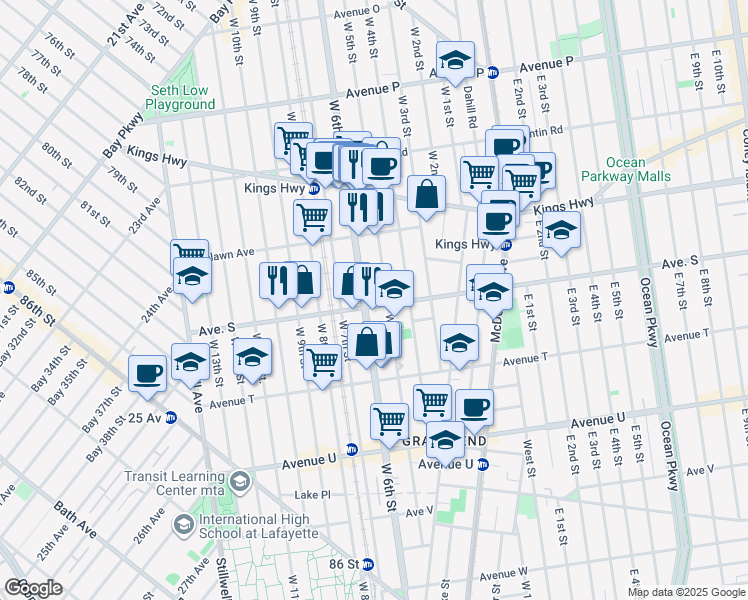 map of restaurants, bars, coffee shops, grocery stores, and more near 1863 West 6th Street in Brooklyn