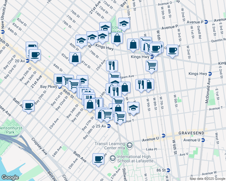 map of restaurants, bars, coffee shops, grocery stores, and more near 1825 Stillwell Avenue in Brooklyn