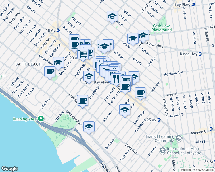 map of restaurants, bars, coffee shops, grocery stores, and more near 15 Bay 29th Street in Brooklyn