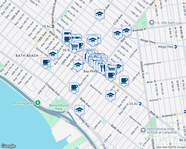 map of restaurants, bars, coffee shops, grocery stores, and more near 15 Bay 29th Street in Brooklyn