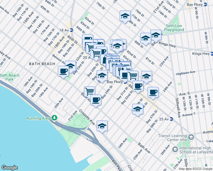 map of restaurants, bars, coffee shops, grocery stores, and more near 48 Bay 28th Street in Brooklyn