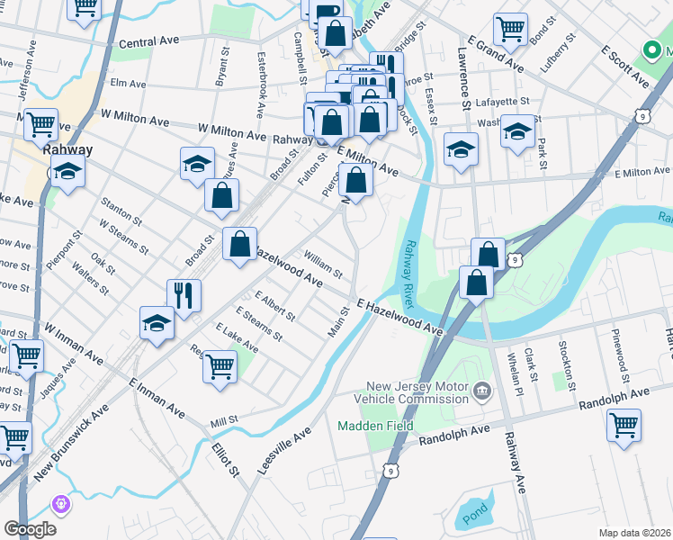 map of restaurants, bars, coffee shops, grocery stores, and more near 270 Adams Street in Rahway