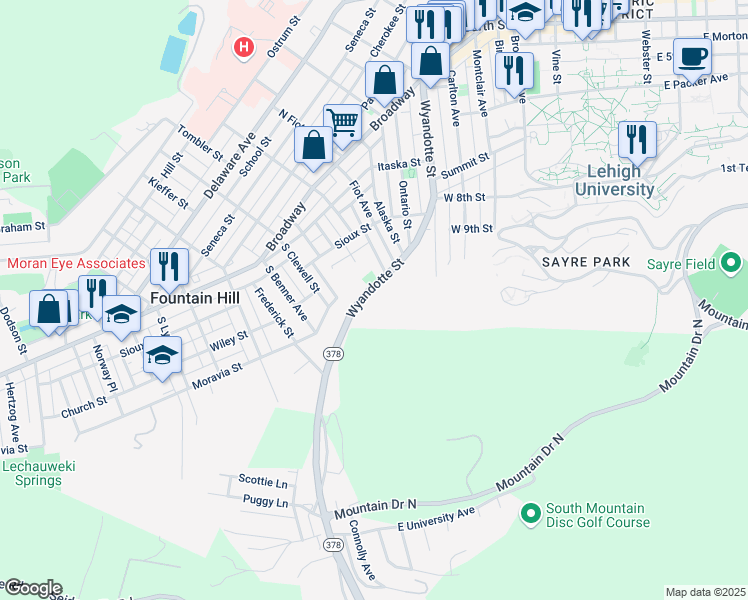 map of restaurants, bars, coffee shops, grocery stores, and more near 965 Wyandotte Street in Bethlehem