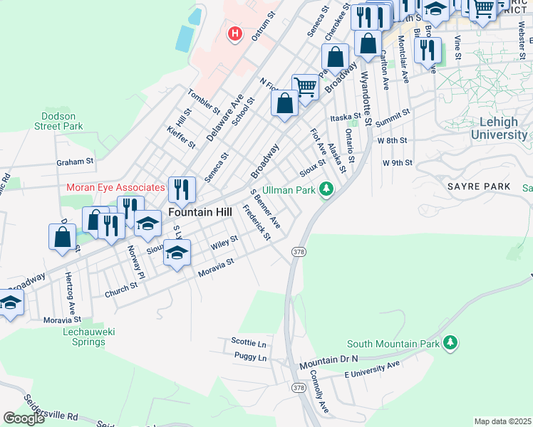 map of restaurants, bars, coffee shops, grocery stores, and more near 529 South Benner Avenue in Fountain Hill