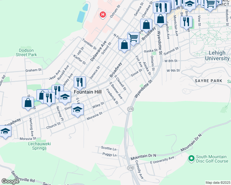 map of restaurants, bars, coffee shops, grocery stores, and more near 529 South Benner Avenue in Fountain Hill