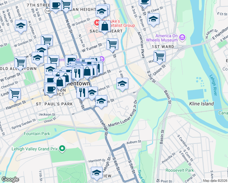 map of restaurants, bars, coffee shops, grocery stores, and more near 444 Walnut Street in Allentown