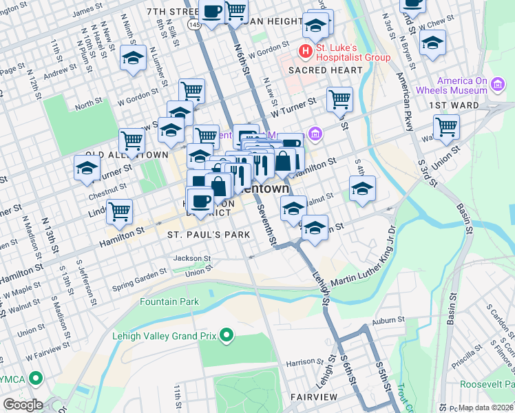 map of restaurants, bars, coffee shops, grocery stores, and more near in Allentown