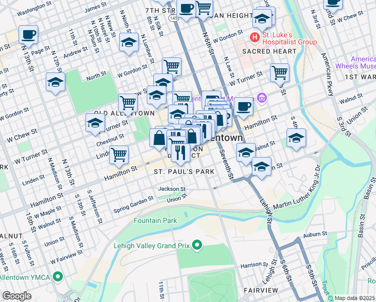map of restaurants, bars, coffee shops, grocery stores, and more near in Allentown
