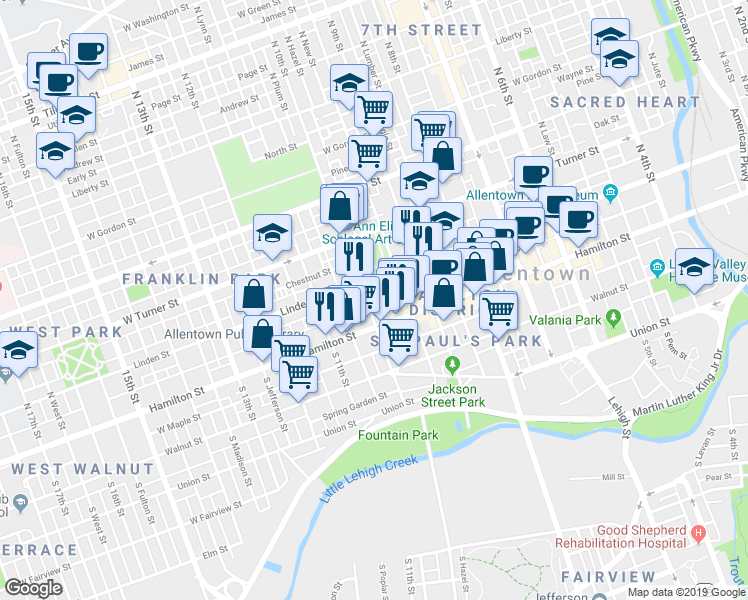 map of restaurants, bars, coffee shops, grocery stores, and more near in Allentown