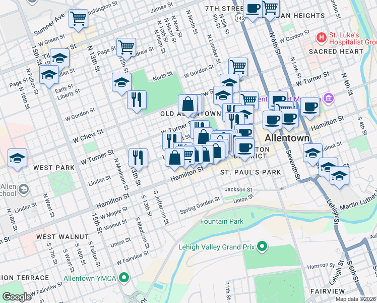 map of restaurants, bars, coffee shops, grocery stores, and more near 1025-1033 Linden Street in Allentown