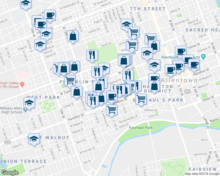 map of restaurants, bars, coffee shops, grocery stores, and more near 123 North Poplar Street in Allentown