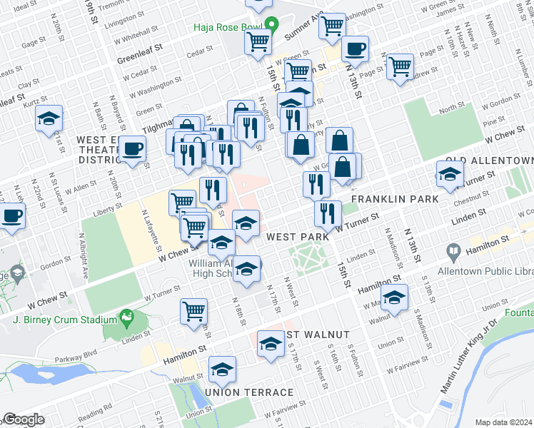 map of restaurants, bars, coffee shops, grocery stores, and more near 337 North West Street in Allentown