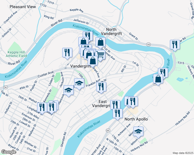map of restaurants, bars, coffee shops, grocery stores, and more near 164 Jefferson Avenue in Vandergrift
