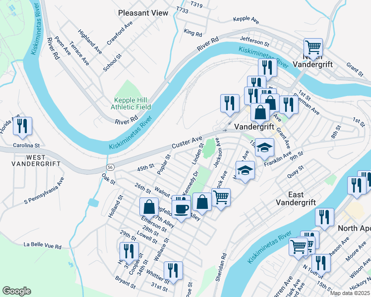 map of restaurants, bars, coffee shops, grocery stores, and more near 324 Custer Avenue in Vandergrift