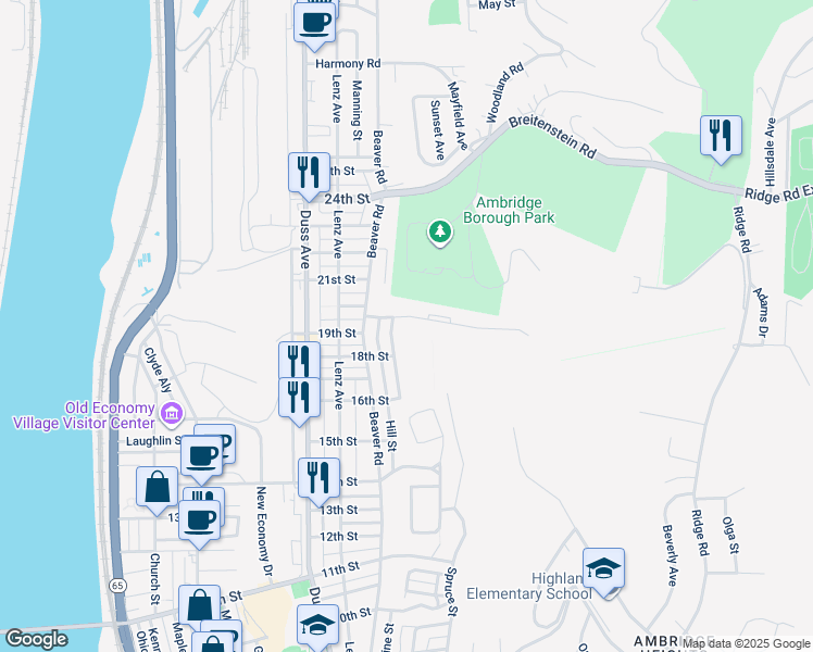 map of restaurants, bars, coffee shops, grocery stores, and more near 923 Hazel Avenue in Ambridge