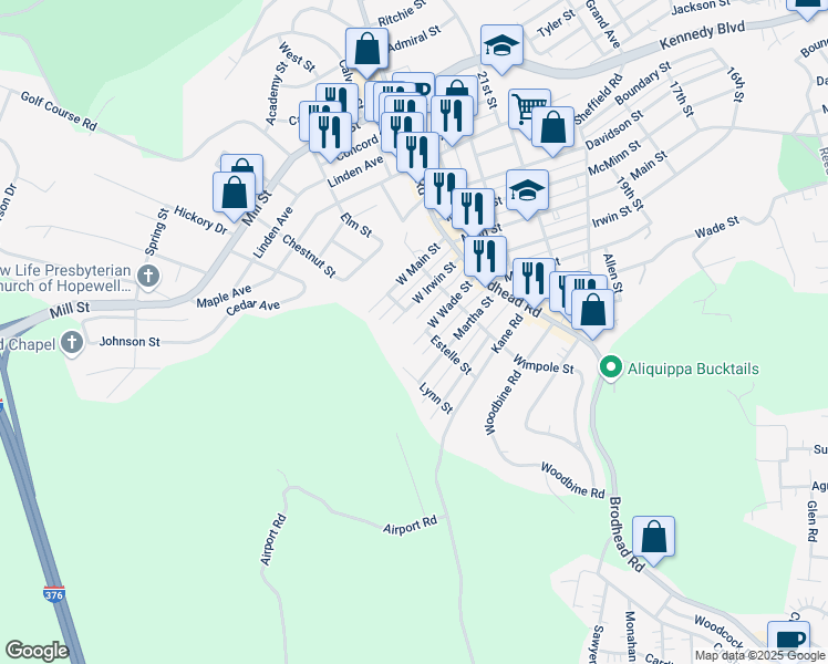 map of restaurants, bars, coffee shops, grocery stores, and more near 2415 West Irwin Street in Aliquippa